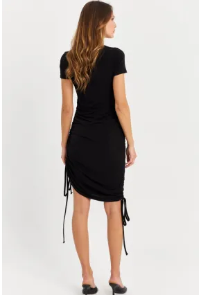 Kadın Siyah Büzgülü Ayarlanabilir Midi Elbise HOR002