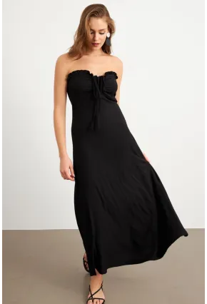 Kadın Siyah Büzgülü Bürümcük Midi Elbise EY3096