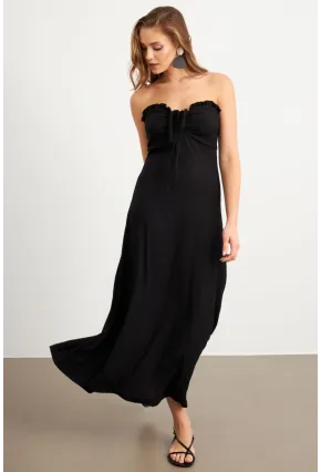 Kadın Siyah Büzgülü Bürümcük Midi Elbise EY3096