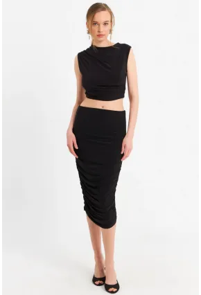 Kadın Siyah Büzgülü Crop Etek Takım ELT181