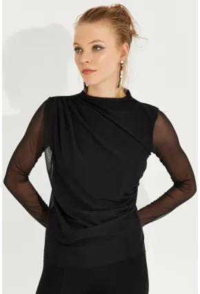 Kadın Siyah Büzgülü Drapeli Tül Bluz LPP1244