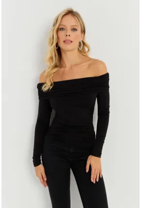 Kadın Siyah Büzgülü Madonna Bluz MON1119
