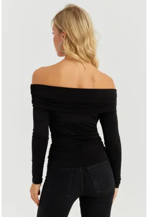 Kadın Siyah Büzgülü Madonna Bluz MON1119
