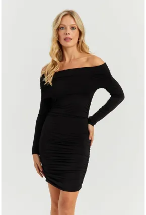 Kadın Siyah Büzgülü Madonna Mini Elbise MON1118