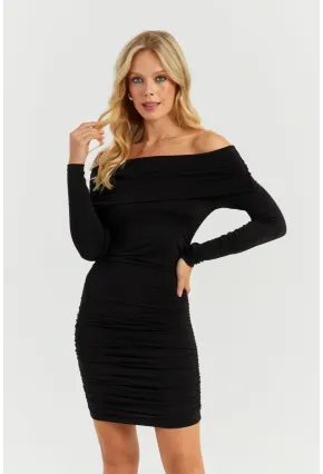 Kadın Siyah Büzgülü Madonna Mini Elbise MON1118