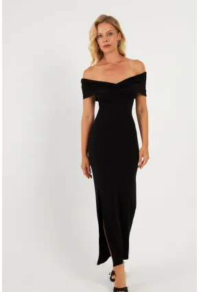 Kadın Siyah Büzgülü Midi Elbise DMR965