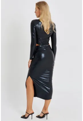 Kadın Siyah Büzgülü Parlak Etek Takım KED4046
