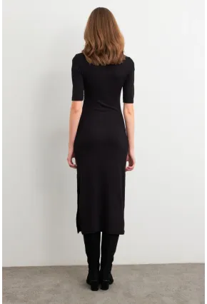 Kadın Siyah Büzgülü Yırtmaçlı Tshırt Elbise FS9594