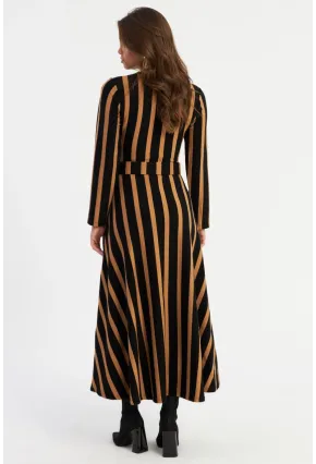 Kadın Siyah-Camel Kruvaze Kemerli Maxi Elbise MVTN4
