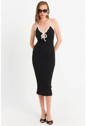 Kadın Siyah Çapraz Askılı Midi Elbise OR2452