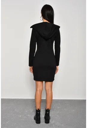 Kadın Siyah Çapraz Fermuarlı Kapüşonlu Sweat Elbise B61