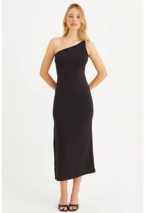Kadın Siyah Çapraz Yaka Aksesuarlı Midi Elbise EY3088
