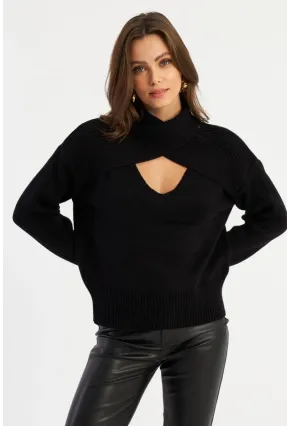 Kadın Siyah Çapraz Yaka Kazak AYD384