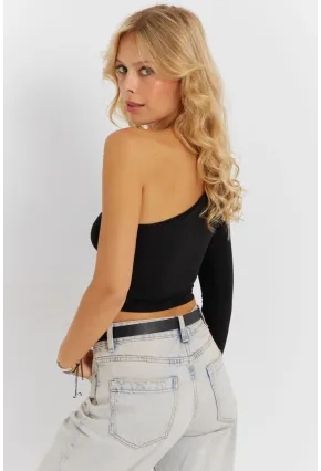 Kadın Siyah Çapraz Yaka Pencerli Crop Bluz CG366