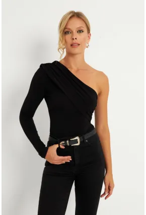 Kadın Siyah Çapraz Yaka Tek Kol Çıtçıtlı Body B5009