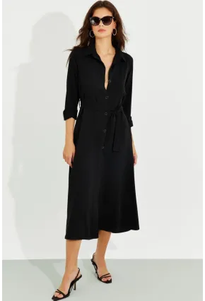 Kadın Siyah Cepli Gömlek Midi Elbise BK1683
