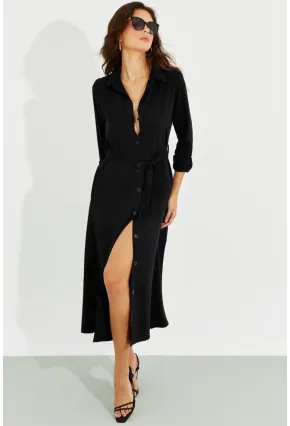 Kadın Siyah Cepli Gömlek Midi Elbise BK1683
