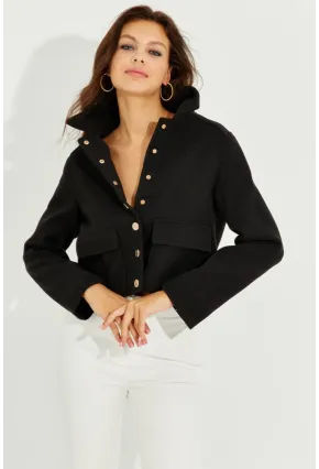 Kadın Siyah Cepli Kısa Kaşe Ceket TW50048