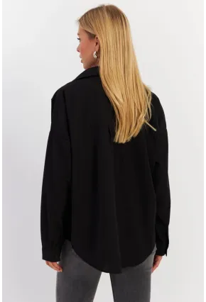 Kadın Siyah Cepli Taşlı Gömlek MZER414