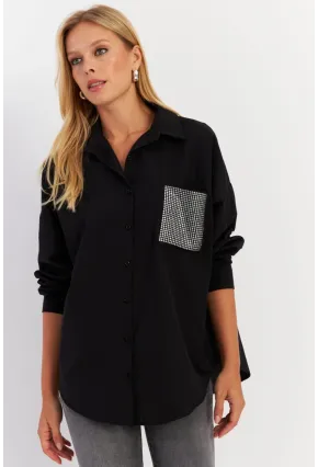 Kadın Siyah Cepli Taşlı Gömlek ZER414