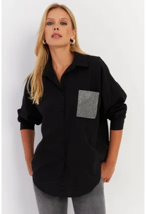 Kadın Siyah Cepli Taşlı Gömlek ZER414