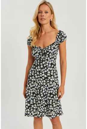 Kadın Siyah Çiçekli Mini Elbise GÇ165