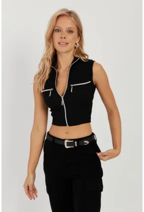 Kadın Siyah Çift Fermuarlı Kaşkorse Bluz EY2735