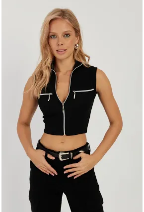 Kadın Siyah Çift Fermuarlı Kaşkorse Bluz EY2735