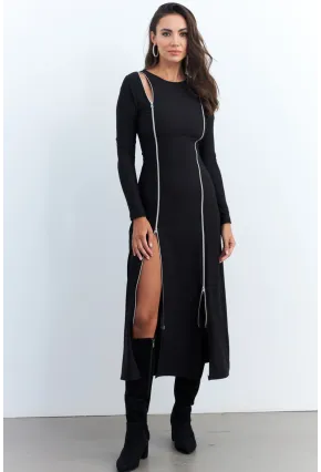 Kadın Siyah Çift Fermuarlı Maxi Elbise ELT4039