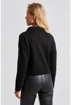 Kadın Siyah Çilek Desenli Triko Kazak KED140