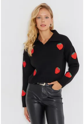 Kadın Siyah Çilek Desenli Triko Kazak KED140