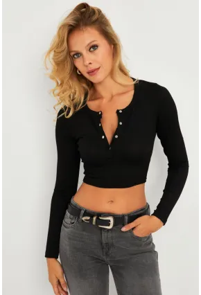 Kadın Siyah Çıtçıtlı Crop Bluz CG379