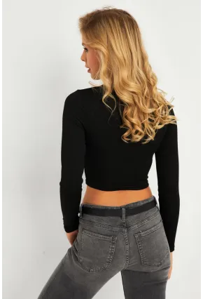 Kadın Siyah Çıtçıtlı Crop Bluz CG379
