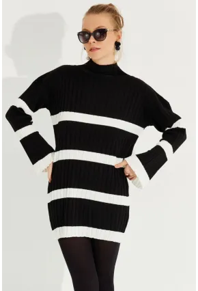 Kadın Siyah Çizgili Mini Triko Elbise YV212