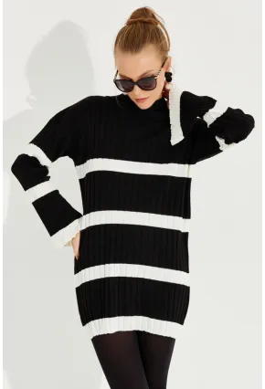 Kadın Siyah Çizgili Mini Triko Elbise YV212