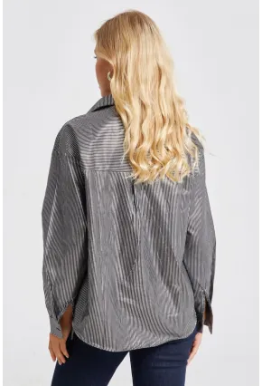 Kadın Siyah Çizgili Parlak Gömlek SF2531