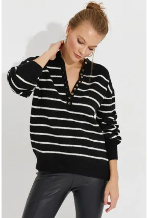 Kadın Siyah Çizgili Triko Kazak SMT219