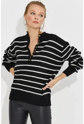Kadın Siyah Çizgili Triko Kazak SMT219