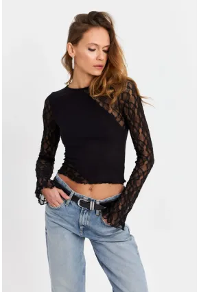 Kadın Siyah Dantel Bloklu Bluz FS9832