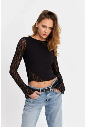 Kadın Siyah Dantel Bloklu Bluz FS9832