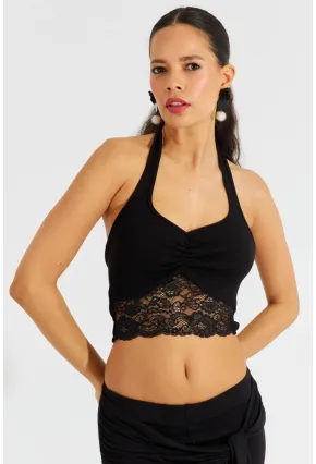 Kadın Siyah Dantel Detaylı Crop Bluz B2549