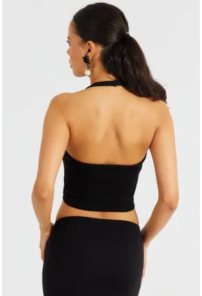 Kadın Siyah Dantel Detaylı Crop Bluz B2549