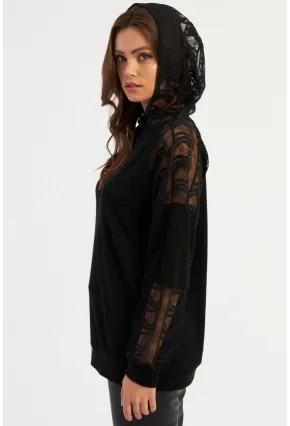 Kadın Siyah Dantel Detaylı Kapüşonlu Sweatshirt MBK58