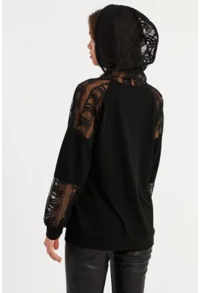 Kadın Siyah Dantel Detaylı Kapüşonlu Sweatshirt MBK58
