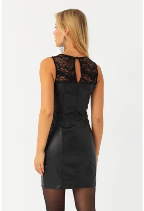 Kadın Siyah Dantel Detaylı Suni Deri Mini Elbise NH421