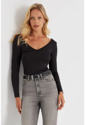 Kadın Siyah Dantel Detaylı V Yaka Bluz EY2672