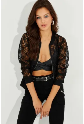 Kadın Siyah Dantelli Fermuarlı Bomber Ceket ST823