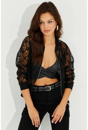 Kadın Siyah Dantelli Fermuarlı Bomber Ceket ST823