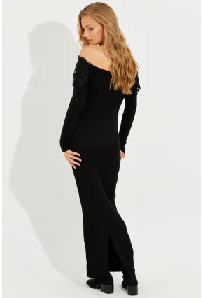 Kadın Siyah Dantelli Triko Maxi Elbise KED123