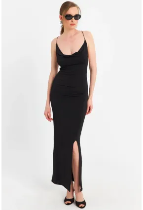 Kadın Siyah Degaje Yaka Askılı Maxi Elbise DMR289